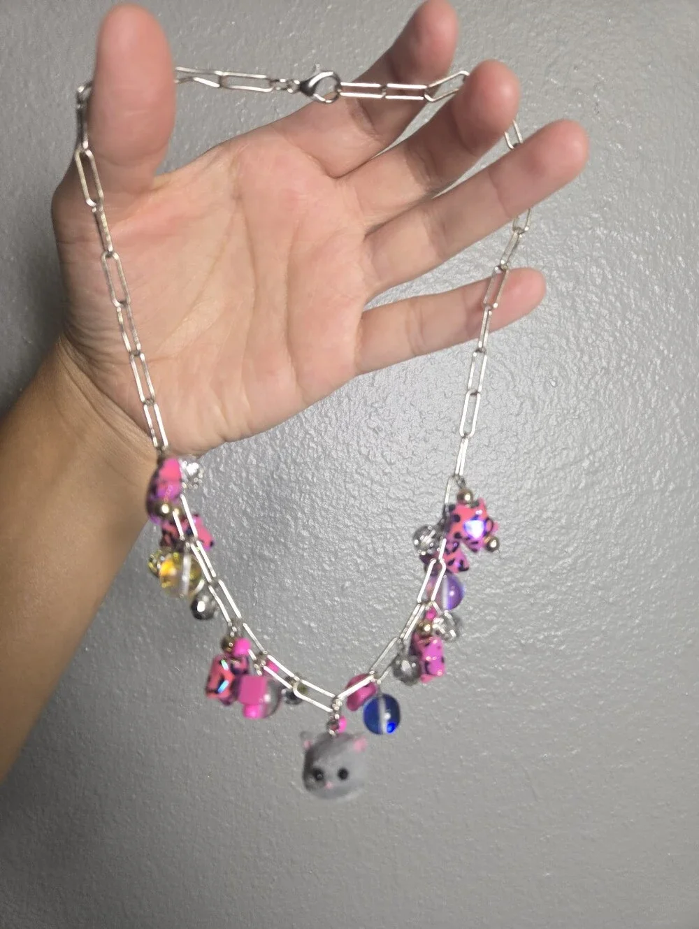 Pink Leopard Charm Necklace with Gray Cat Pendant